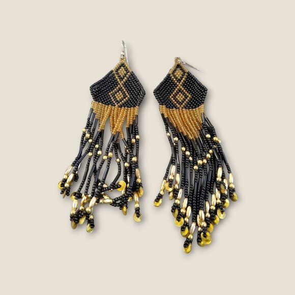 Handcrafted Black & Gold Beaded Fringe Earrings With Tribal Diamond Pattern - Picture 4 of 4
